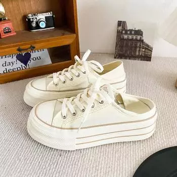 TP358 two wear elastic shoelaces/send a pair of shoelaces, platform canvas shoes, women s summer one pedal, lazy little white shoes 35 чёрный
