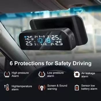 TPMS Солнечная энергия TPMS Автомобильный монитор давления в шинах, сигнализация, автомобильная система безопасности, давление в шинах, регулируемая температура на 360 градусов, предупреждение чёрный