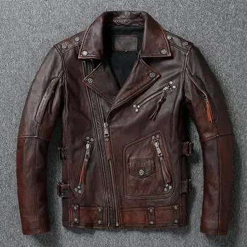 Тяжелая фирменная качественная куртка из натуральной кожи. Крутое пальто из коровьей кожи с заклепками. Кожаная одежда в винтажном стиле S чёрный