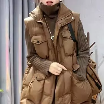 Тяжелая осенне-зимняя новая женская одежда 2024 кофейного цвета, средняя и длинная хлопковая одежда, жилет, куртка, чувство нишевого прилива M [Recommended within 50kg] кофейный