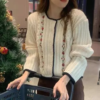 Тяжелая промышленность 3D вышивка цветок контрастный свитер кардиган пальто женский свободный свитер 2023 осень/зима свитер кардиган топ One Size темно-синий