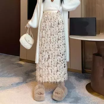 Тяжелая промышленность блестки кисточки перья длинные юбки женские зимние корейские модные юбки с высокой талией винтажная элегантная юбка-трапеция для вечеринок M чёрный