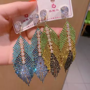 Тяжелая промышленность преувеличивает красочные листья циркона большие пластинчатые серьги высококачественные полные бриллианты весенние и летние женские серьги с кисточками