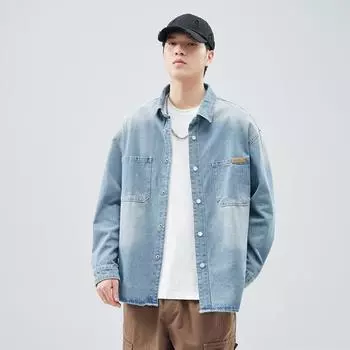 Тяжелая промышленность Винтаж Жареная соль Многоэтажный Ma Liu Повседневный Инструмент Стиль Джинсовая рубашка Куртка Синий Пятнистый Цельный хлопок M синий