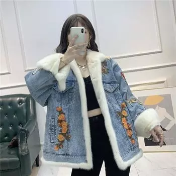 Тяжелая промышленность вышивка мех норки джинсовая цельная кожа мех кролика рекс щучья одежда большой выпуск свободный легкий иностранный стиль с обеих сторон One Size джинсовый синий