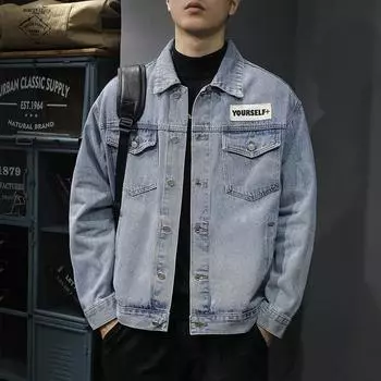 Тяжелая ретро-стираемая модная брендовая джинсовая куртка мужская свободная большого размера хулиганская красивая повседневная куртка джинсовая M светло-синий