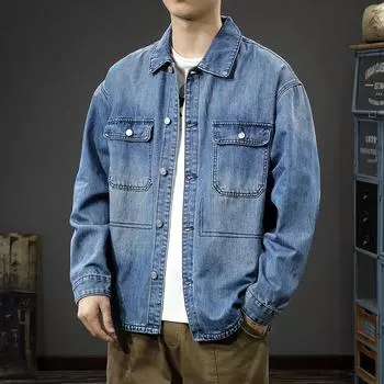 Тяжелая ретро-стираемая мужская джинсовая рубашка свободная модная брендовая грубая красивая повседневная куртка большого размера M синий