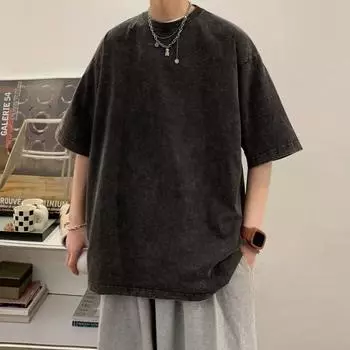 Тяжелая ткань винтажные мужские свободные футболки летние короткие мужские дышащие легкие мягкие пуловеры XXXL чёрный