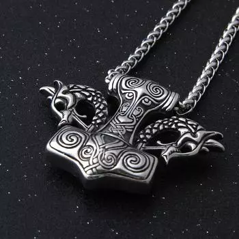 Тяжелое ожерелье из нержавеющей стали «Молот Тора» - подвеска «Викинг-Дракон Мьёльнир» в скандинавском стиле с деревянной коробкой, подарки для мужчин Single Pendant