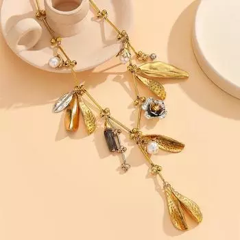 Тяжелое ожерелье ручной работы из цинкового сплава с листьями, анти-жемчугом и розой винтажного золота для женщин