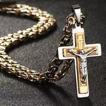 Тяжелое ожерелье с подвеской в виде креста с распятием, мужские золотые ожерелья из нержавеющей стали, мужские ожерелья в стиле панк, византийская цепочка, мужские ожерелья, ювелирные изделия, подарки 55cm