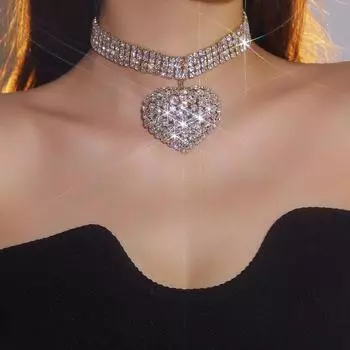 Тяжелое высококачественное роскошное сверкающее хрустальное ожерелье с большим кулоном в форме сердца для выпускного вечера, женское ожерелье