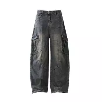 Тяжелые джинсы-палаццо с множеством карманов для мужчин и женщин, жарящие улицы для старой стирки, широкие рабочие брюки для пары S