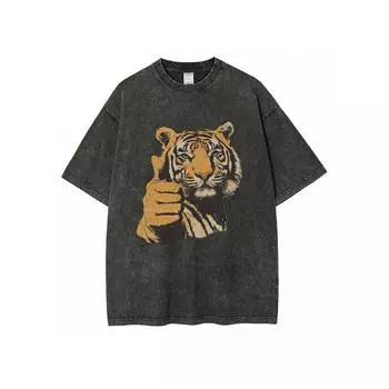 Тяжелые хлопковые футболки Четыре сезона Универсальная носка Графика с большим пальцем тигра Потертая выстиранная футболка S