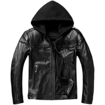 Китайский размер Тяжелая мотоциклетная куртка Club Biker Coat Настоящая коровья кожаная куртка для мужчин Съемный капюшон для верховой езды Мужская кожаная куртка S чёрный