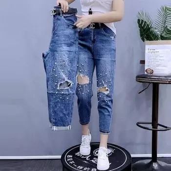 Тяжелые рваные джинсы с жемчужным бисером, женские модные летние прямые повседневные брюки с высокой талией и девятью точками 2XL синий