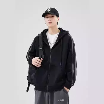 Тяжелый австрийский бархатный весенний кардиган с капюшоном, мужской спортивный свободный утолщенный термоповседневный пиджак на молнии M чёрный