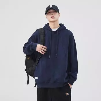 Тяжелый повседневный свитер с капюшоном, мужской, американский, модный бренд, однотонный свободный пуловер с капюшоном, парное пальто, модный M темно серый