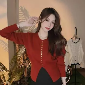 Тяжелый промышленный кардиган с талией, свитер с металлической пуговицей, осень 2023, осень и зима, высокая талия, длинный рукав, однотонный женский вязаный кардиган One Size чёрный