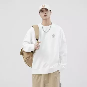 Тяжелый свитер с круглым вырезом, мужской, модный бренд, свободный, повседневный, с вышивкой, универсальный, пуловер, нижняя часть рубашки, верх M белый
