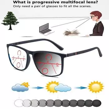 TR90 Temple Alloy Square Fashion Frame Удобные модные фотохромные прогрессивные мультифокальные очки для чтения от +0,75 до +4 +0.75 чёрный