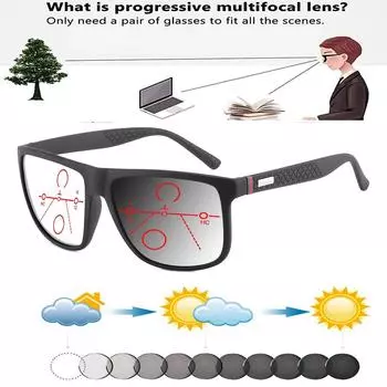 TR90 Temple Alloy Square Fashion Frame Удобные модные фотохромные прогрессивные мультифокальные очки для чтения от +0,75 до +4 +0.75 чёрный