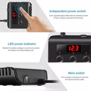 TR-12 QC 3.0 Адаптер для быстрого зарядного устройства, 12 В/24 В, 100 Вт, 3 разъема, 8,5 А, 4 USB-порта чёрный