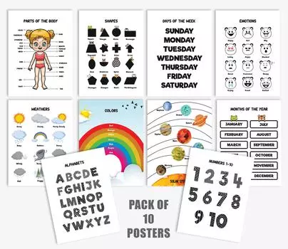 Traceease 10 образовательных плакатов для оформления классной комнаты и домашнего обучения в детском саду. Детские, ламинированные дошкольные учебные материалы. 9x12 белый