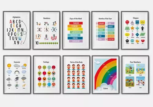 Traceease 10 образовательных плакатов для оформления классной комнаты и домашнего обучения в детском саду. Детские, ламинированные дошкольные учебные материалы. 9x12 белый