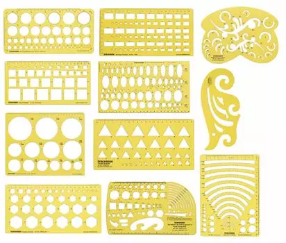 Traceease Pack of 11 Pieces Геометрический чертежный шаблон с несколькими формами Геометрический чертежный трафарет-проектирование шаблона Измерение Pack of 11 жёлтый