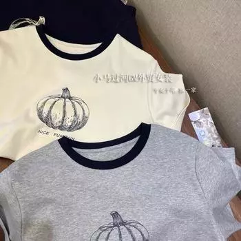 Trade Order!! Japan fashion Simple Style ~ Pure Natural Organic Cotton Contrast Color round Neck Pumpkin Print Short sleeve T-shirt Female Spring White M