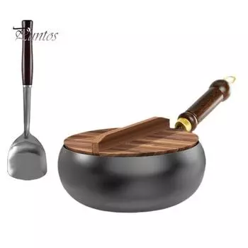 Традиционная чугунная сковорода вок с крышкой и лопаткой, 24 см, посуда из чистого железа с физическим антипригарным покрытием, китайская сковорода без покрытия для A