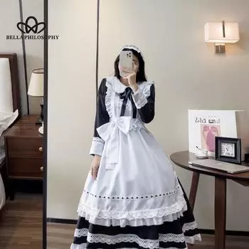 Традиционное длинное платье горничной с длинными рукавами, черный милый костюм Лолиты, японская униформа, милое платье для косплея S бежевый