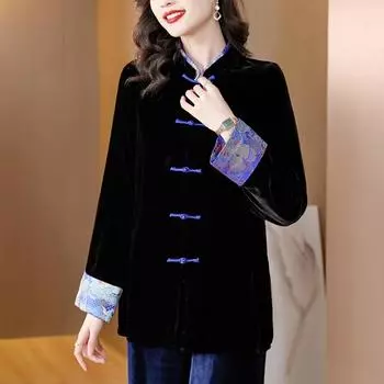 Традиционное зимнее бархатное пальто в китайском стиле с красивой отделкой пуговицами M чёрный