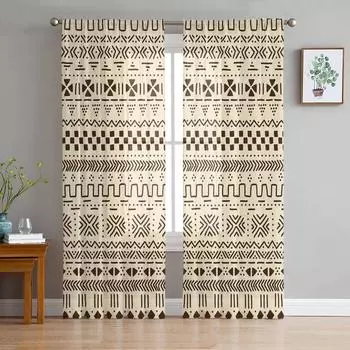 Традиционные этнические геометрические фигуры бежевые тюлевые шторы для гостиной спальни кухни шифоновые прозрачные вуалевые шторы на окна W135 x H115cm x1&Rod Pocket
