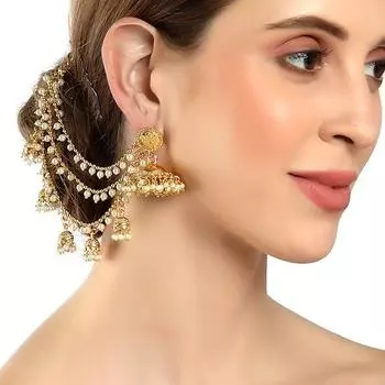 Традиционные свадебные украшения из латуни с позолотой 18 карат, серьги Jhumki с длинной цепочкой в стиле Бахубали для женщин и девочек