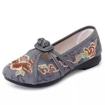 Традиционные вышитые женские туфли на плоской подошве, мягкие мокасины, весна-осень, китайские туфли без застежек 35 серый