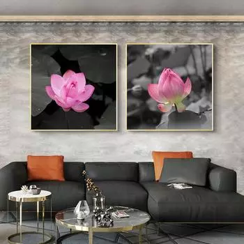 Традиционный черный, белый, розовый цвет, поп-лотос, настенные панно, холст, картина в стиле дзен, цветочные постеры, Настенный декор для декора гостиной 20x20cm (8X8 inch)