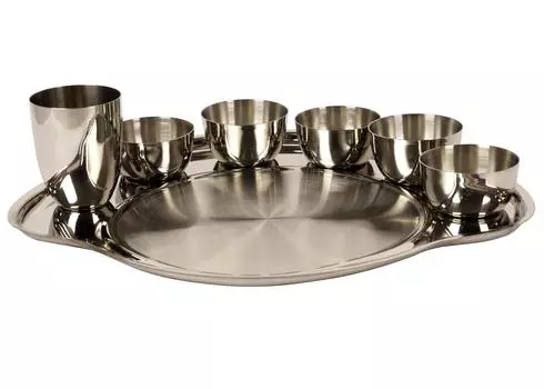 Традиционный индийский обеденный набор Thali из нержавеющей стали Trifri: тарелка Thali, миски, стеклянная столовая посуда ручной работы, упаковка из 7 предметов 4”X3” серебряный