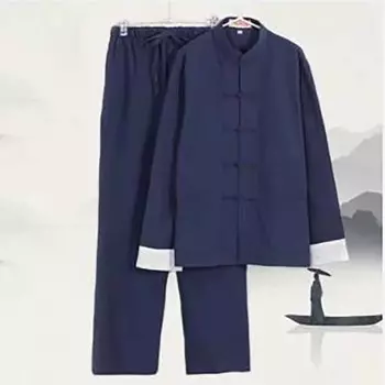 Традиционный китайский стиль мужской хлопковый льняной топ + брюки костюм ханьфу тан форма кунг-фу тайцзи восточная одежда комплект из двух предметов 4XL