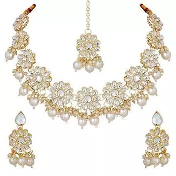 Традиционный комплект ожерелий из белого жемчуга Kundan | Чокер Kundan | Необычные украшения с серьгами и Maang Tikka для женщин и девочек