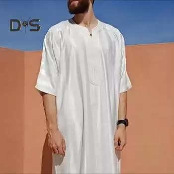 Традиционный мужской длинный халат Ближний Восток Ретро одежда с круглым вырезом и половиной рукавов с вышивкой в прямую полоску плюс размер до щиколотки Повседневная одежда Топ 3XL чёрный