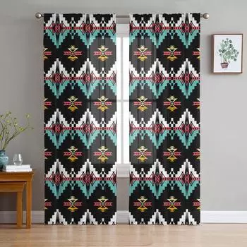 Traditional Aztec Pattern Sheer Curtains for Living Room Modern Voile Curtain Bedroom Tulle Curtains Window Drapes Decor W135 x H114cm