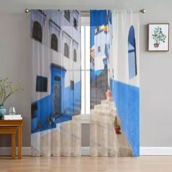Traditional Blue Berber Houses In Chefchaouen Chiffon Sheer Curtains for Living Room Bedroom Decor Window Voiles Tulle Curtain 135W x 114H(cm)