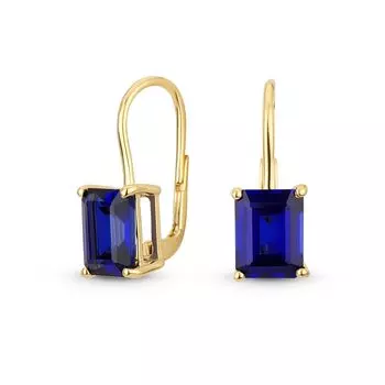 Traditional CTW Gemstone Created Blue Sapphire Emerald Cut Drop Earrings for Women Hinged Lever Back 14K Yellow Gold Plated Sterling Silver 4.50 .925