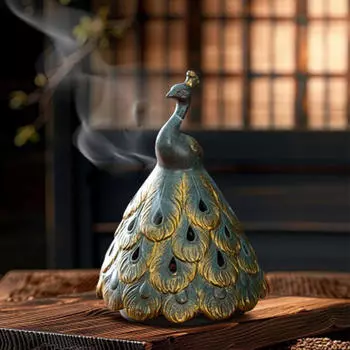 Traditional Peacock Figurine Incense Burner Holder Handicraft 11x16.5cm Tabletop Decoration