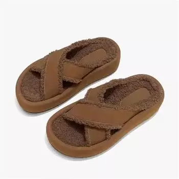 TRAF 2024 Осенние женские тапочки на толстой подошве Женские уличные удобные теплые тапочки Винтажные круглые носки с открытым носком Повседневные туфли Boken 36