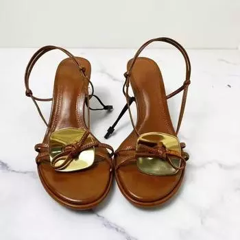 TRAF Woman Brown Heel Sandals Chic Metal Disc Heels Sandals Round Toe Peep Toe Slingbacks Sandals Female Strap Buckle Heels Shoe 36