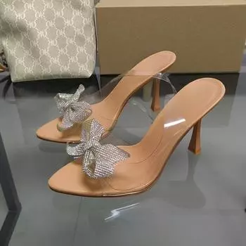 TRAF Woman Fashion Bow Transparent High Heel Sandals Women Sexy Pointed Toe Heeled Slingback Heels Female Summer Office Sandals 36