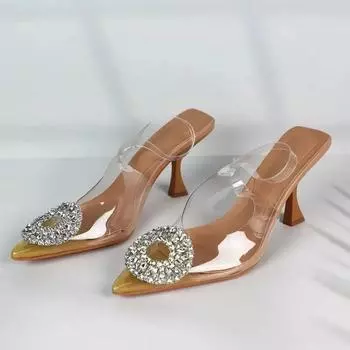 TRAF Woman’s Chic Rhinestone Slingback High Heel Transparent Pointed Toe Peep Toe Sandals Elegant Office Female Heeled Sandals 36